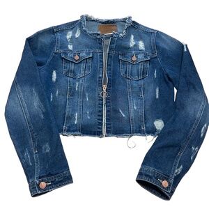 BBJ Los Angeles Womens Large Denim Jacket Distressed Denim Cropped Frayed Edgy